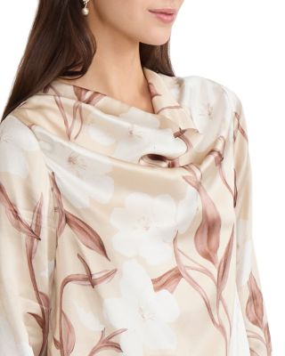 Draped Neck Floral Print Silk Blouse 