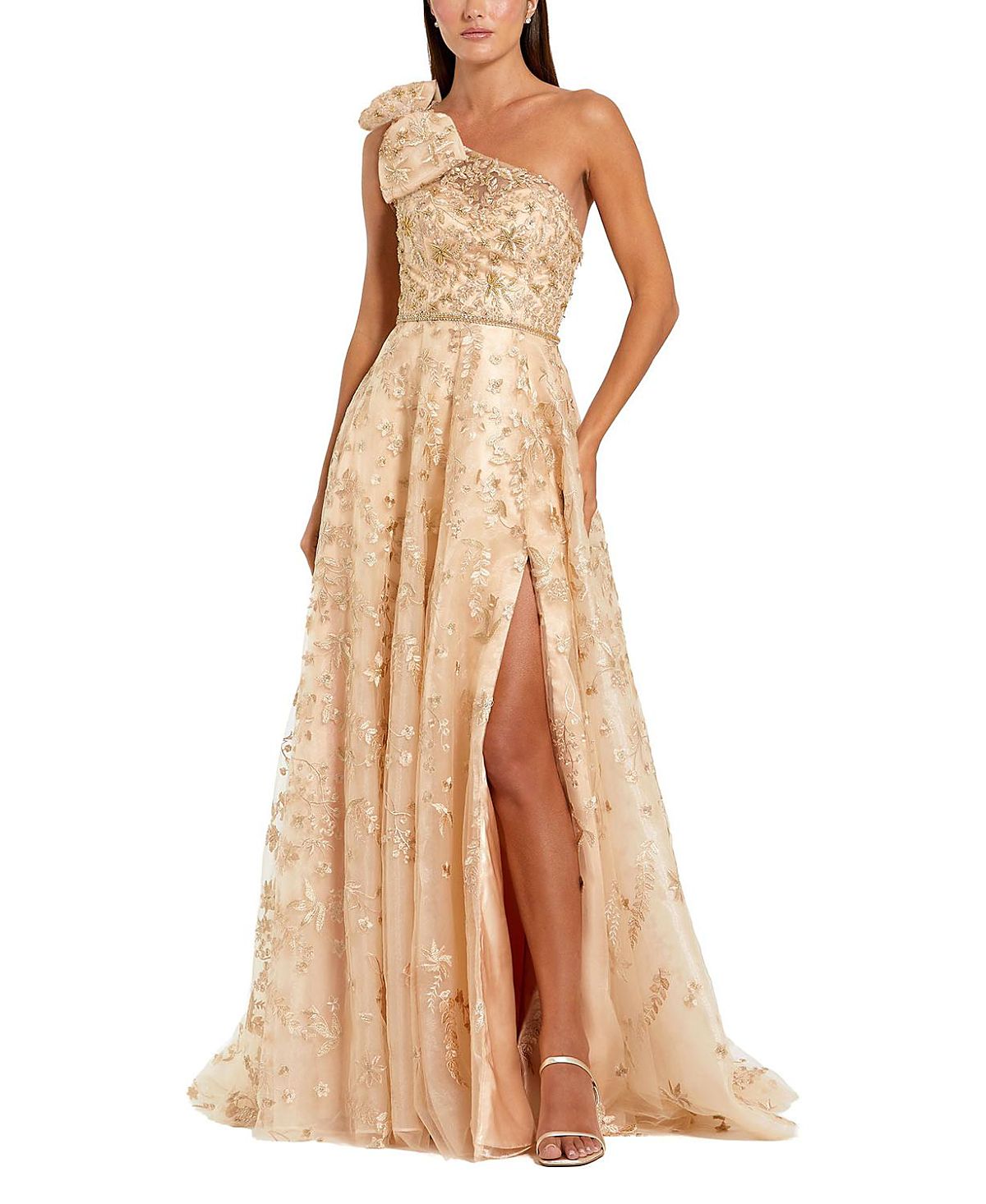 Mac Duggal Embellished Bow One Shoulder A-Line Gown