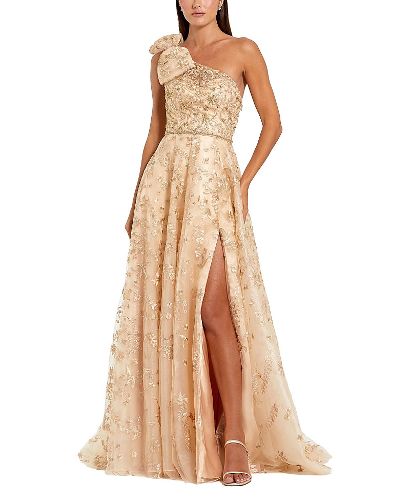 Mac Duggal Embellished Bow One Shoulder A-Line Gown