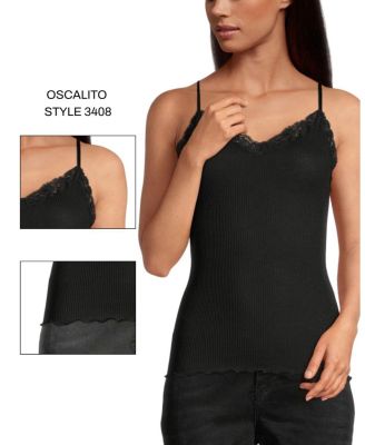 Ribbed Wool & Silk V-Neck Camisole with Lace Trim