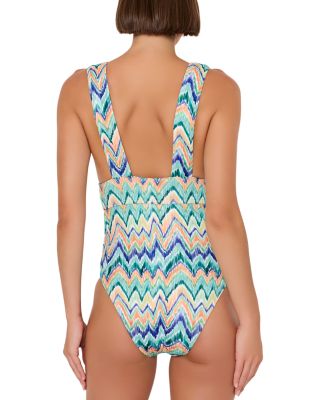 Tropical Chevron V Neck One Piece Swimsuit