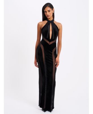  Paityn Velvet Mesh Cutout Halter Gown