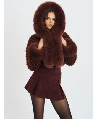 Kali Teddy Cropped Faux Fur Hooded Jacket