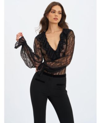  Taliah Sheer Lace Ruffled Collar Bodysuit