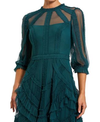  3/4 Puff Sleeve Mesh Mirco Ruffle Gown