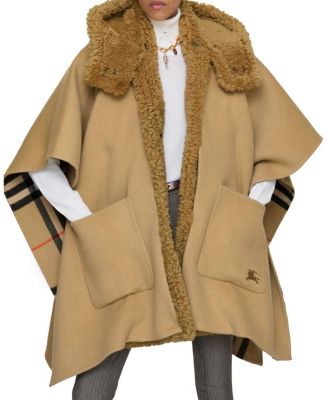 Reversible Shearling Trim Check Cashmere Cape