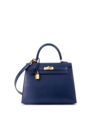 Kelly 25 Handbag Blue Box Calf with Gold Hardware