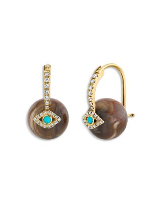 14K Yellow Gold Turquoise, Diamond & Petrified Wood Evil Eye Bead Earrings