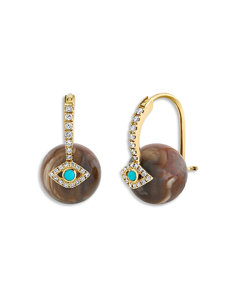 Sydney Evan 14K Yellow Gold Turquoise, Diamond & Petrified Wood Evil Eye Bead Earrings