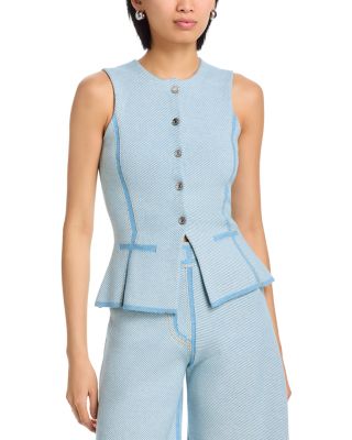 Denim Effect Crewneck Button Front Vest