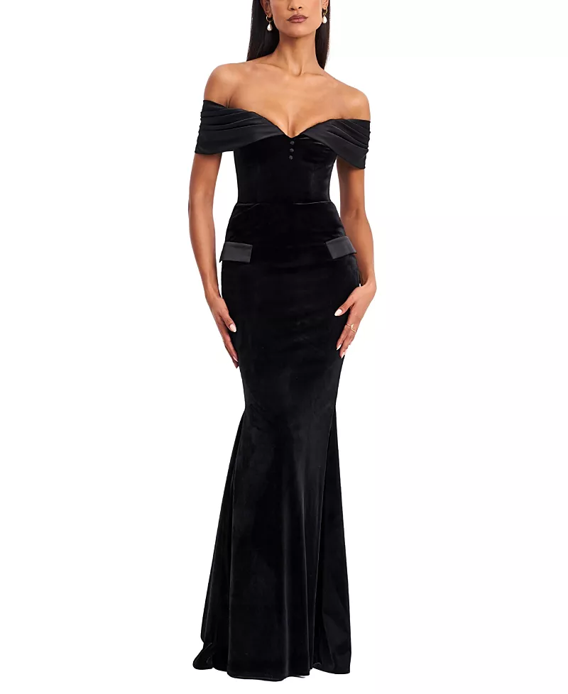 Miss Circle Qamra Velvet Off Shoulder Mermaid Maxi Dress