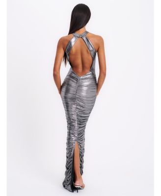  Abril Ruched Glitter Backless Gown