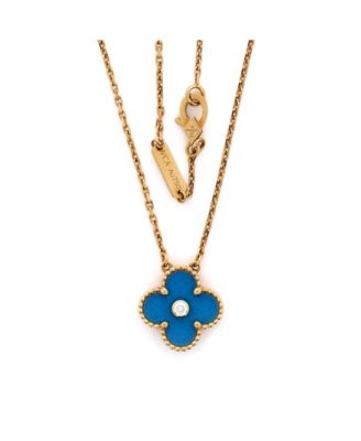  Vintage Alhambra Pendant Necklace 18K Gold and Blue Sevres Porcelain with Diamond, 15.25 - 17"