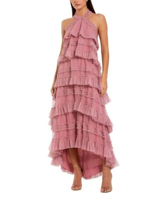 Dot Mesh Ruffle Halter Neck Ankle Dress