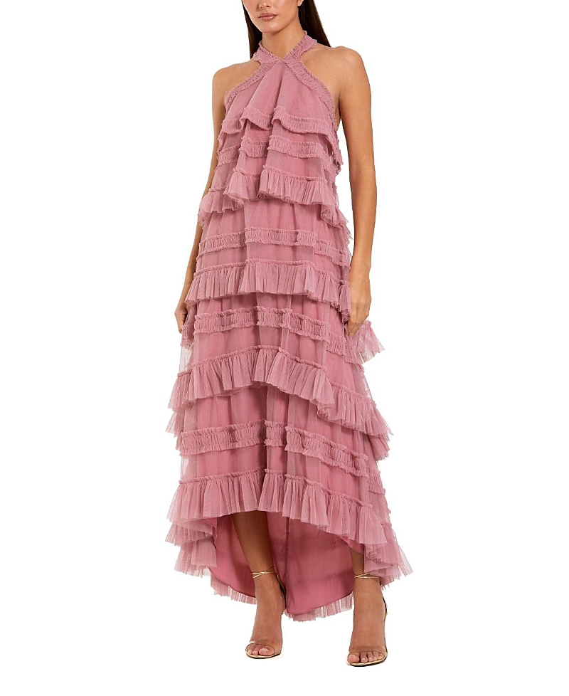 Mac Duggal Dot Mesh Ruffle Halter Neck Ankle Dress