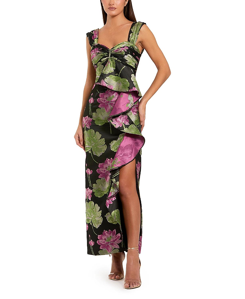 Mac Duggal Cap Sleeve Brocade Ankle Dress with Ruffle