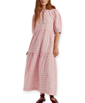  Women's Linen-Blend Gingham Daisy Day Dress