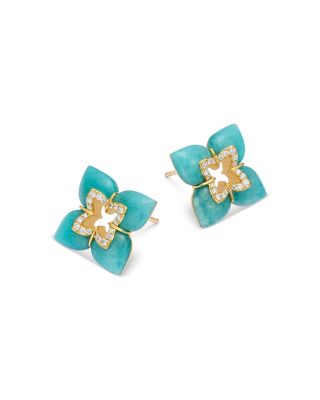 18K Yellow Gold Venetian Princess Amazonite & Diamond Flower Stud Earrings