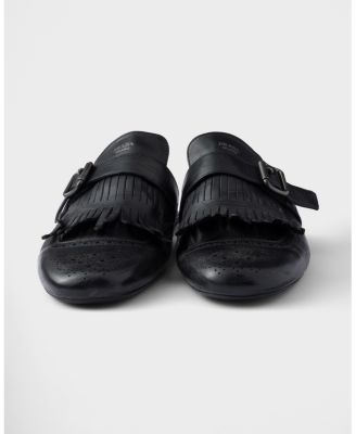 Men's Shuffle Antiqued Leather Mules with Buckled Strap and Fringe