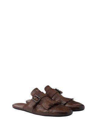 Men's Shuffle Antiqued Leather Mules with Buckled Strap and Fringe