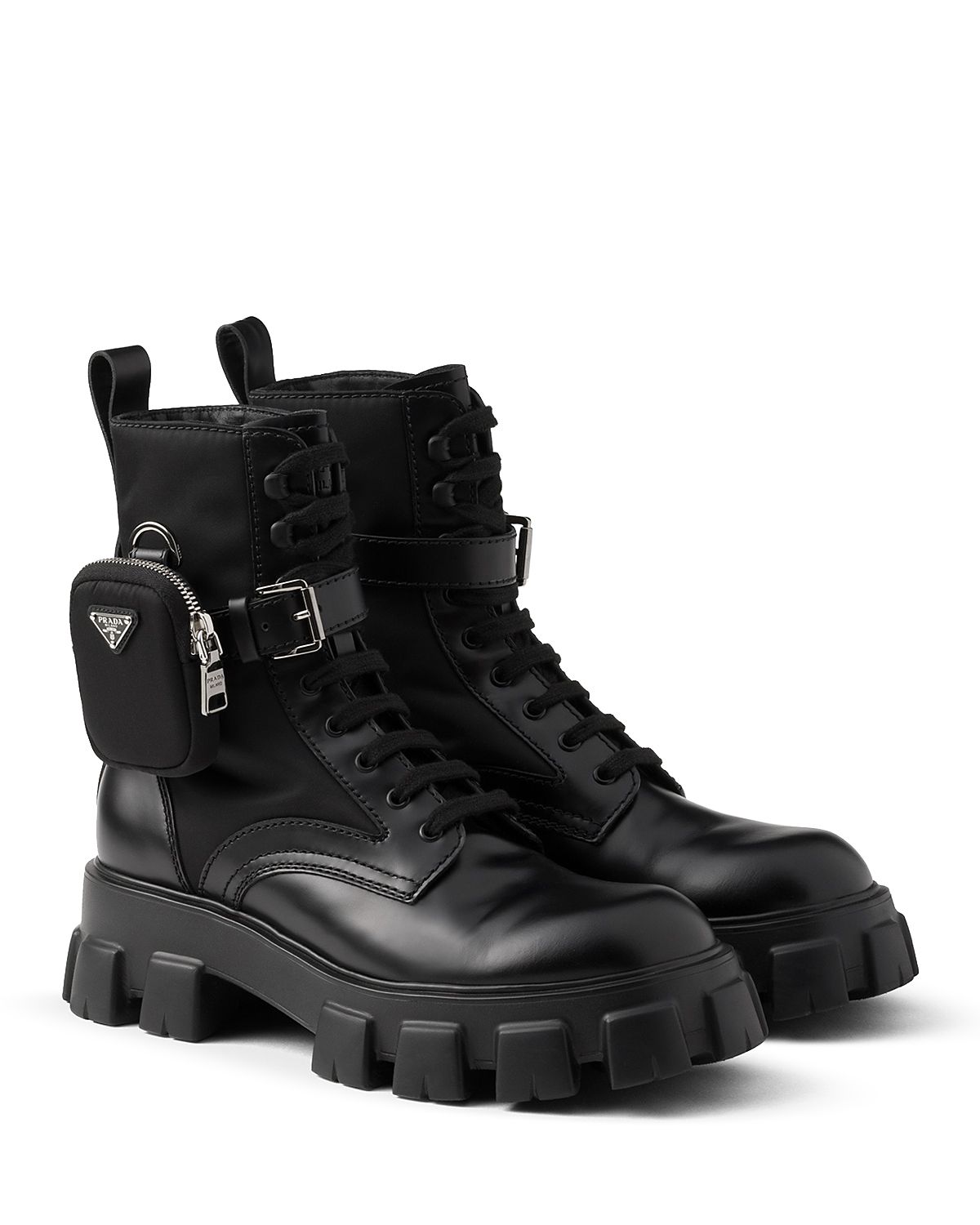 Prada Men's Monolith Brushed Leather and Re-Nylon Boots with Pouch