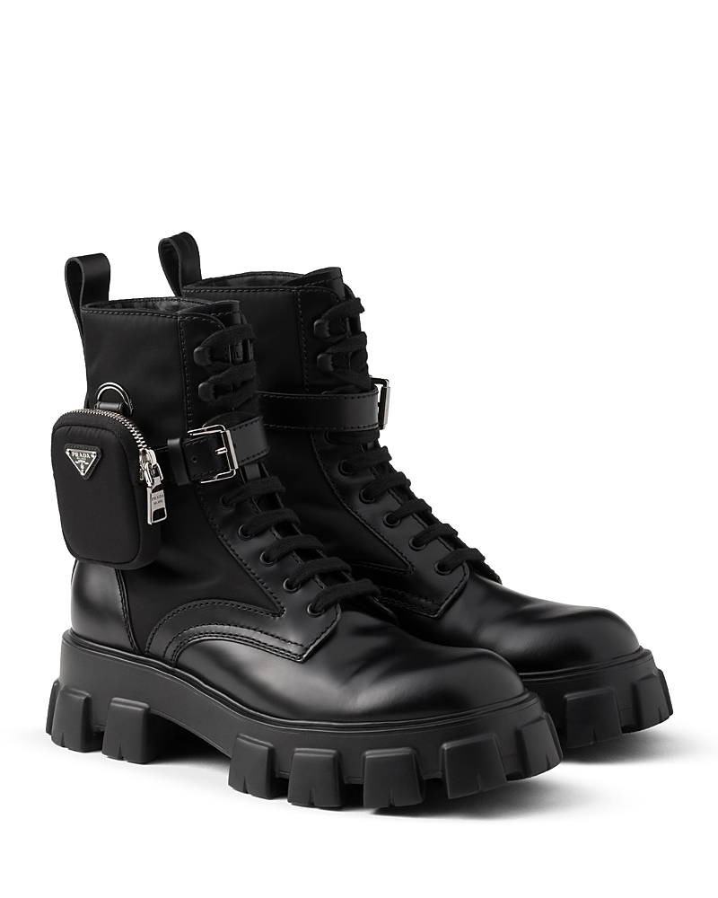 Prada Men's Monolith Brushed Leather and Re-Nylon Boots with Pouch