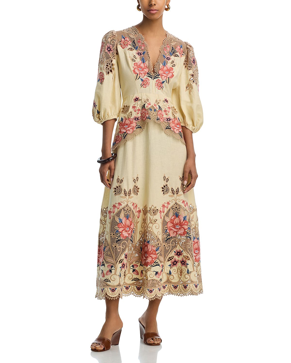 Farm Rio Embroidered Long Sleeve Midi Dress