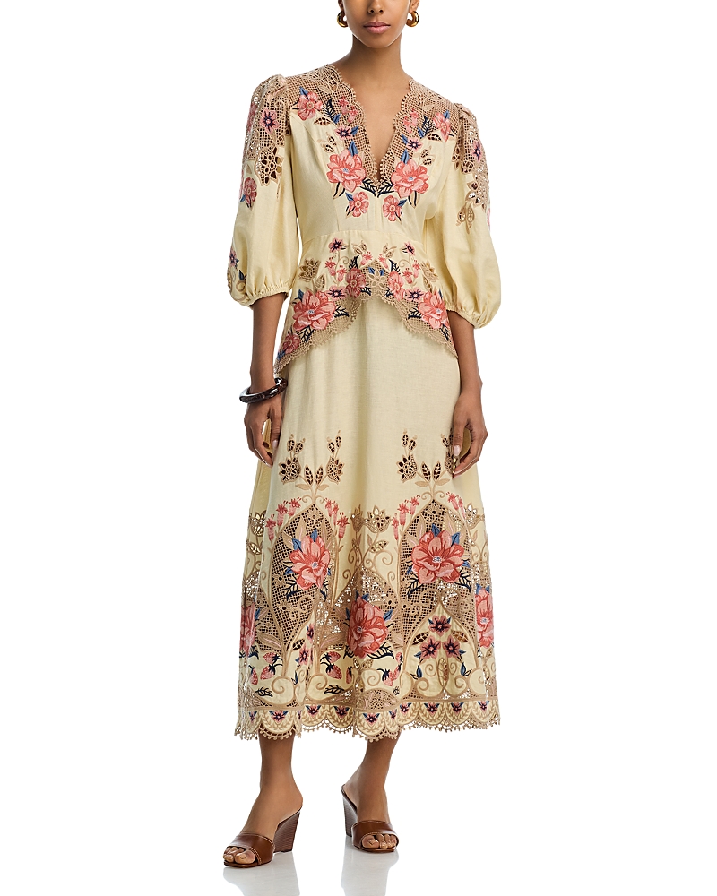 Farm Rio Embroidered Long Sleeve Midi Dress