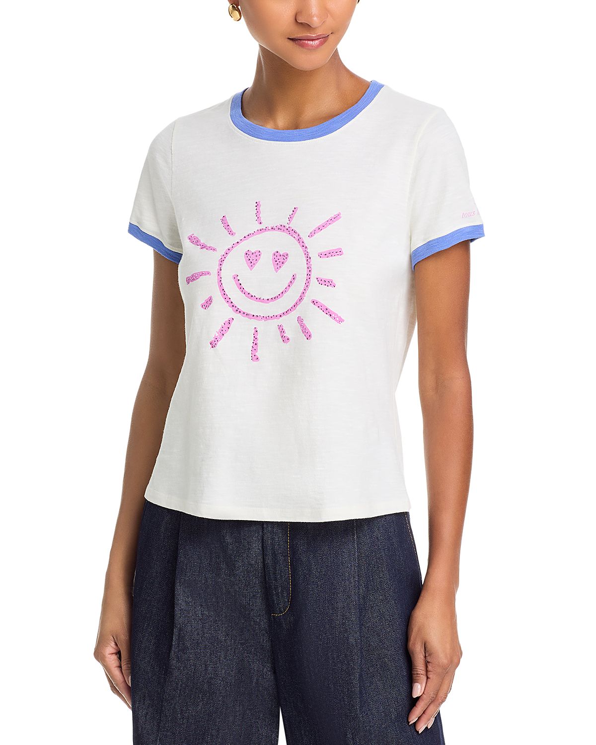 Cinq a Sept Rhinestone Smiling Sun Shrunken Ringer Tee