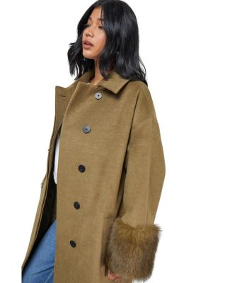 Patch Pocket Faux Fur Cuff Maxi Coat