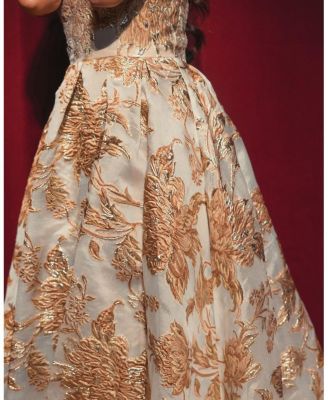 Strapless Brocade Pockets Detail Midi Dress