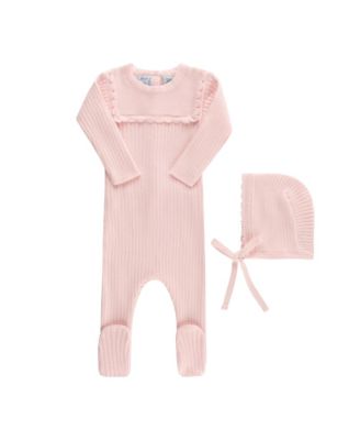 Unisex Scallop Trimmed Rib Knit Romper & Bonnet - Baby