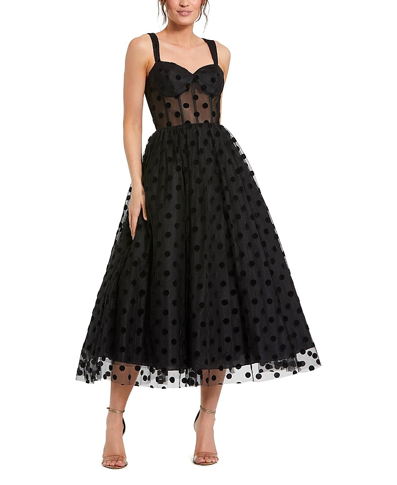 Mac Duggal Petite Polka Dot Net Bustier A-Line Midi Dress