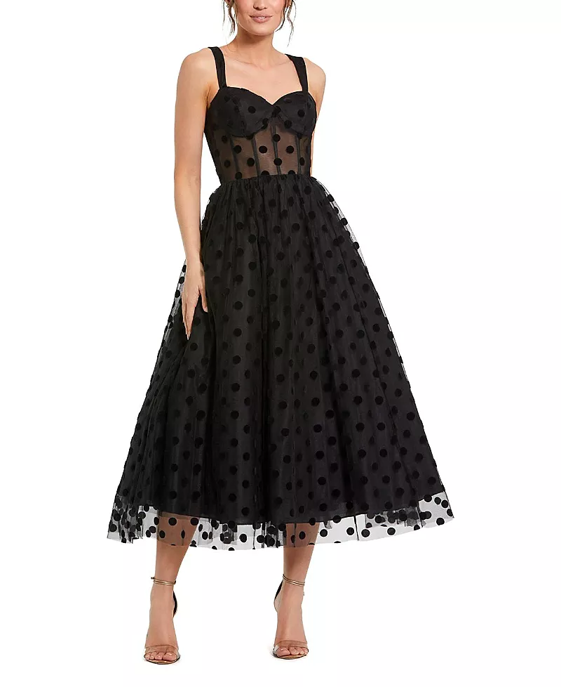 Mac Duggal Petite Polka Dot Net Bustier A-Line Midi Dress
