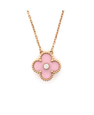  Vintage Alhambra Pendant Necklace 18K Rose Gold and Pink Sevres Porcelain with Diamond, 14.5 - 16.25"