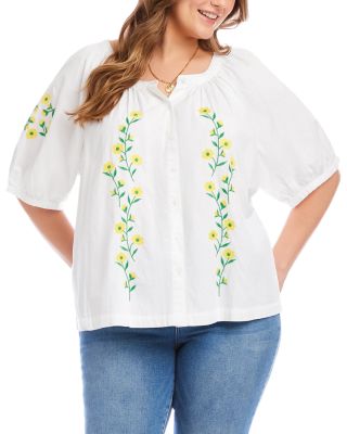 Plus Size Puff Sleeve Embroidered Peasant Top