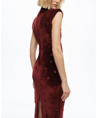 Mandarin-Collar Velvet Midi Dress