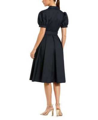  Puff Sleeve Twill Button Up Midi Dress With Belt
