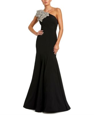  Petite Crepe One Shoulder Gown with Flower Detail