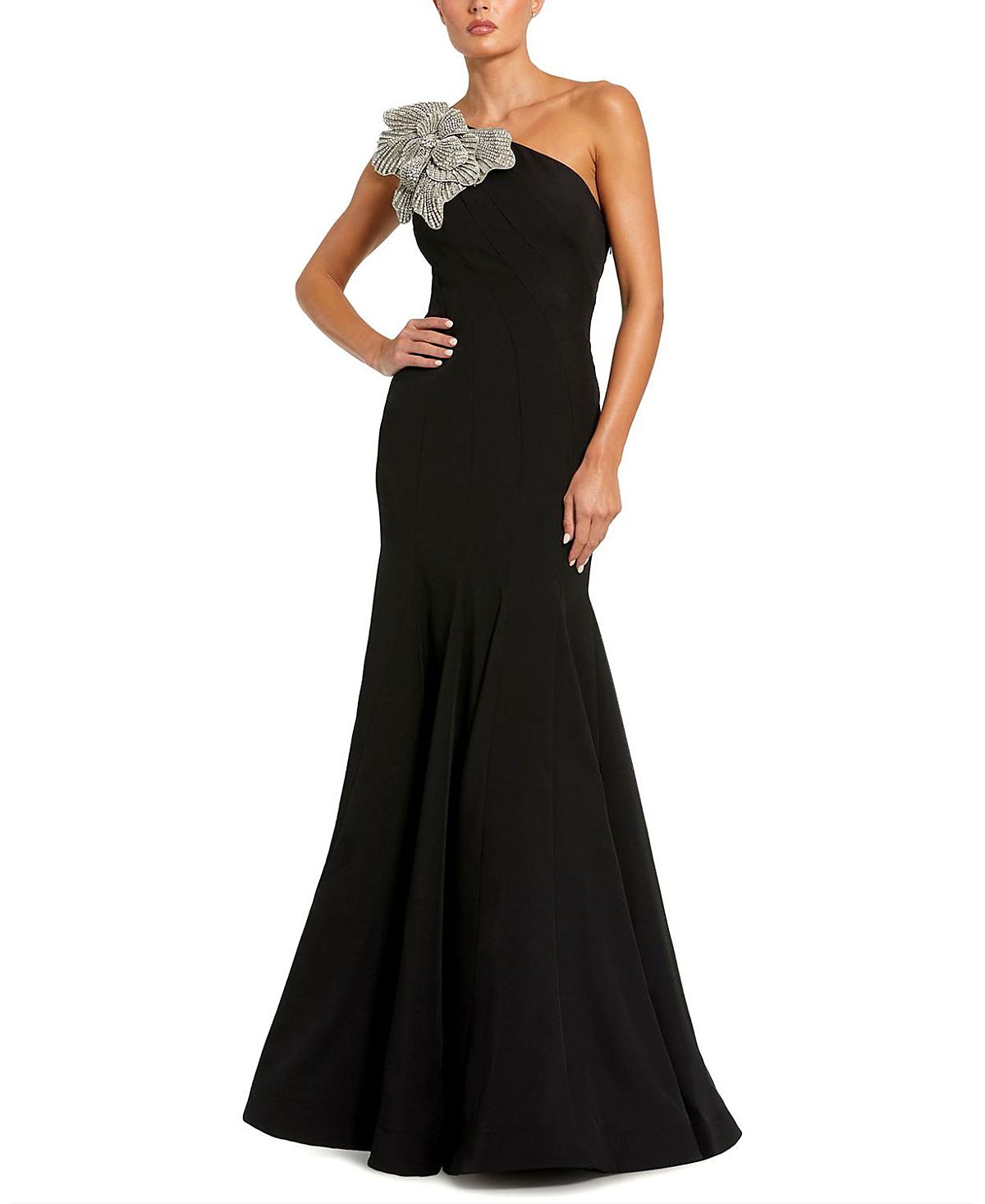 Mac Duggal Petite Crepe One Shoulder Gown With Flower Detail