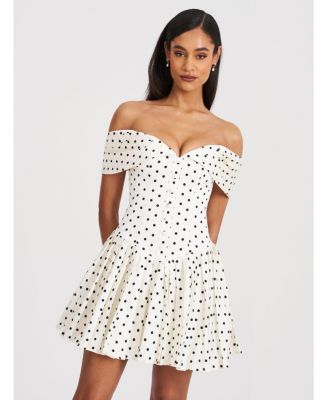  Edeline Polka Dot Off-shoulder Pleated Mini Dress