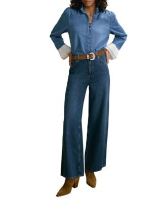  Women's Denim Contrast Cuff Blouse