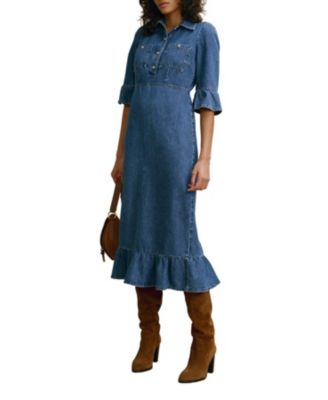  Women's Ruffle Hem Denim Midi Dress