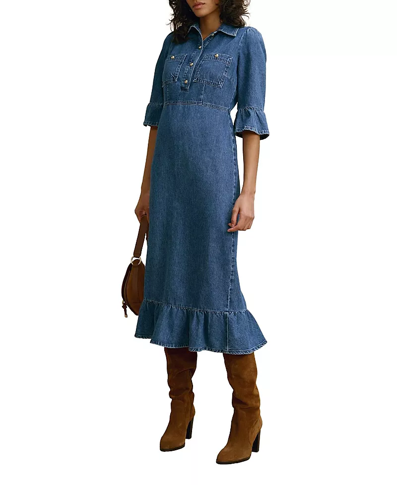 Mint Velvet Women's Ruffle Hem Denim Midi Dress