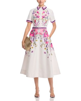 Cotton Shirtwaist Floral Print Stripe Trim Dress