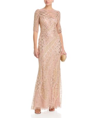 Art Deco Beaded Tulle Elbow Sleeve Gown