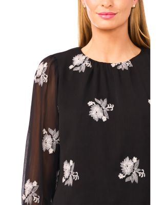 Long Sleeve Smocked Cuff Crewneck Blouse