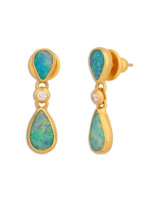 24K Yellow Gold Rune Opal & Diamond Drop Earrings
