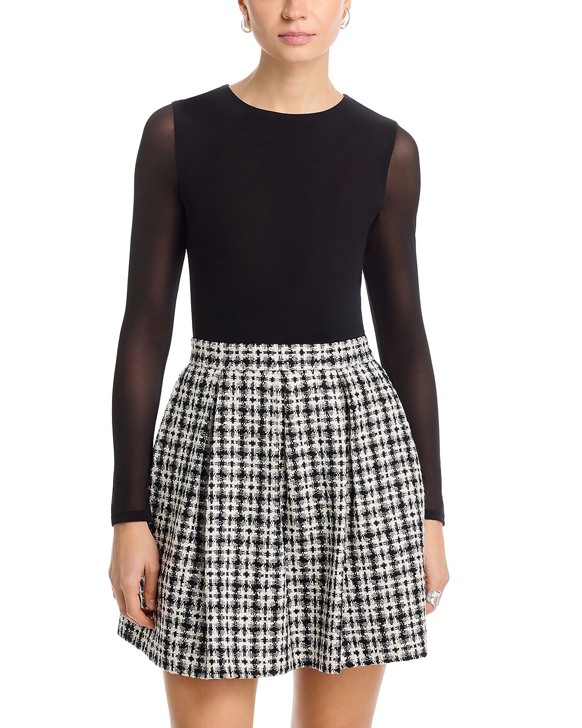 Alice and Olivia Chara Sheer Sleeve Tweed Dress