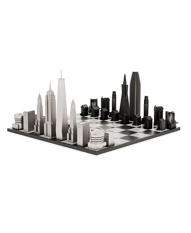 Skyline Chess Stainless Steel New York Vs San Francisco with B/W Hatch Chess Board Game Set - 14+ Years